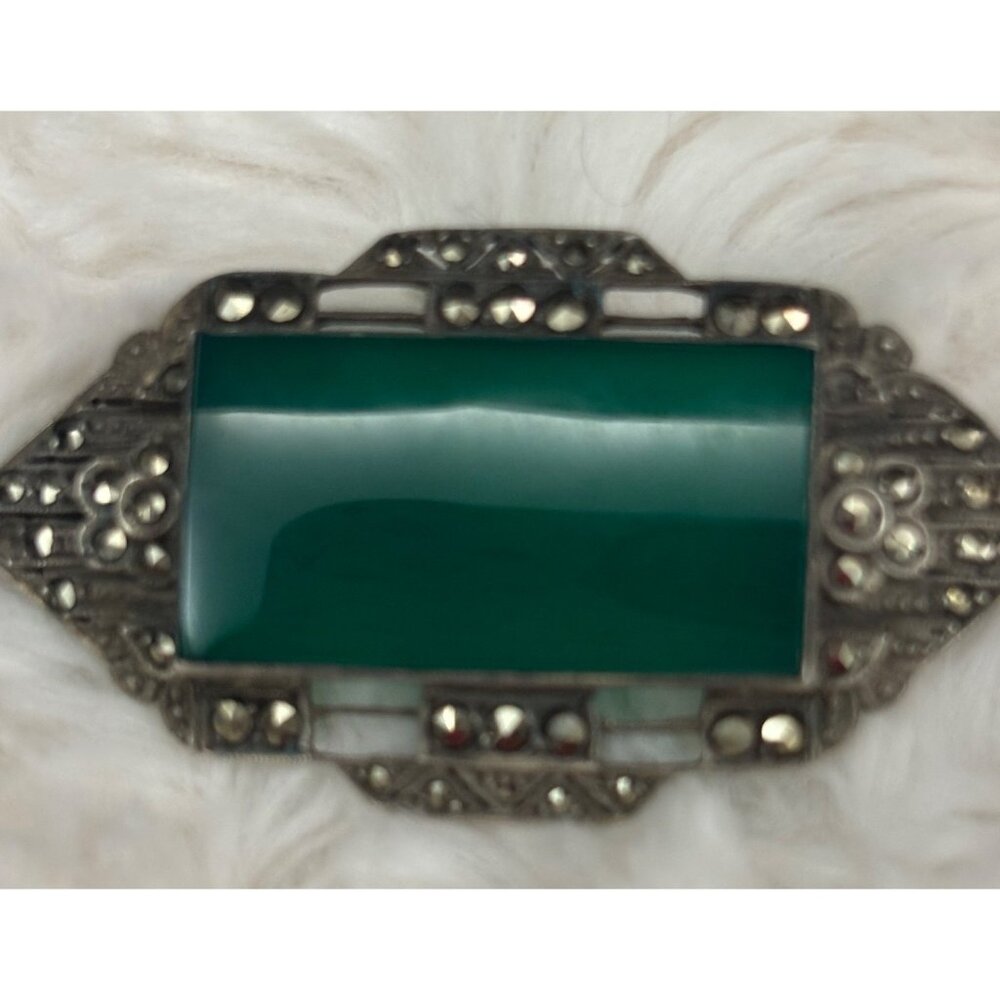 Vintage 1930s Art Deco Sterling Silver Green Agate & Marcasite Brooch - Germany